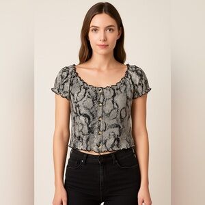 Love J Snakeskin Print Ruffle Trim Button Front Crop Top | Size M